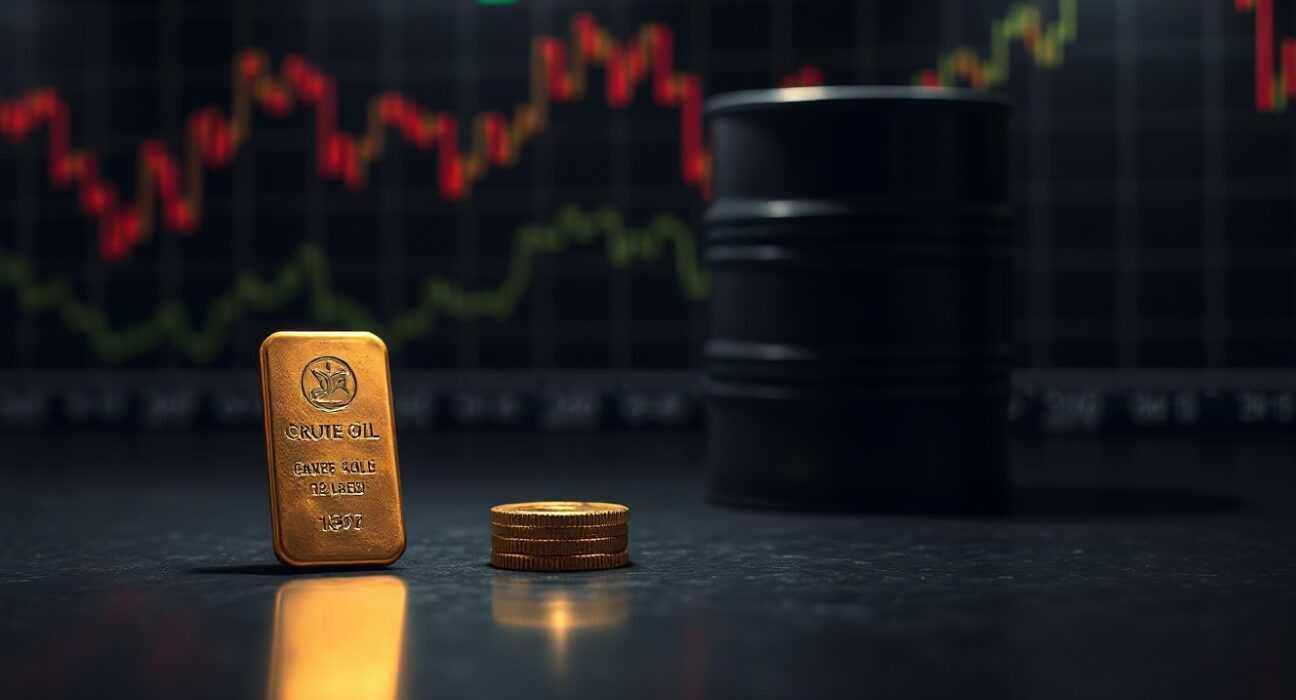 Gold bar and oil barrel on dark surface with stock chart background, representing inflation and Fed rate hike fears.