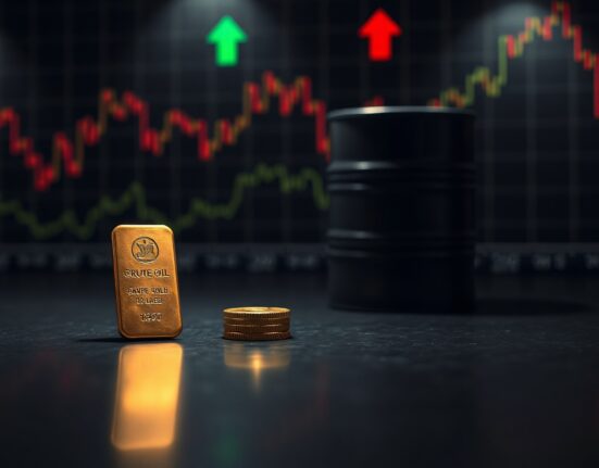 Gold bar and oil barrel on dark surface with stock chart background, representing inflation and Fed rate hike fears.
