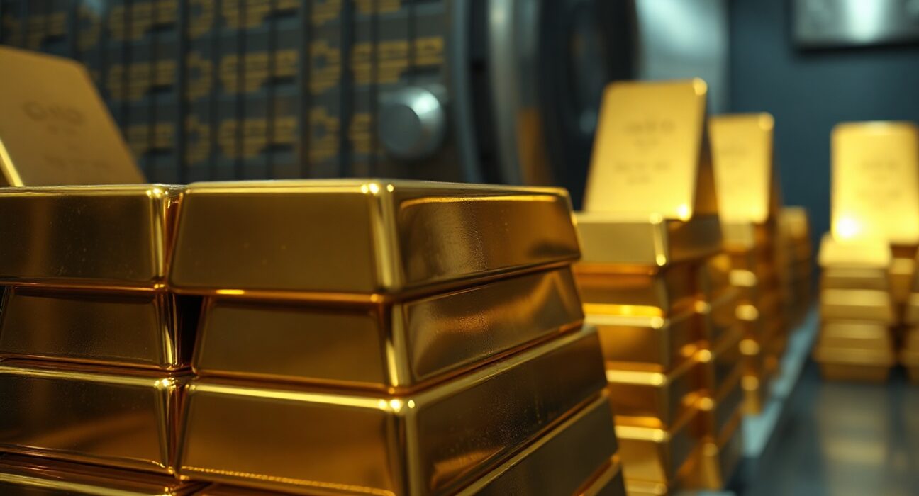 Close-up of stacked gold bars in a vault, representing stalled gold price recovery amid Federal Reserve uncertainty.