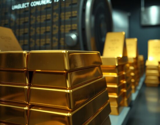 Close-up of stacked gold bars in a vault, representing stalled gold price recovery amid Federal Reserve uncertainty.