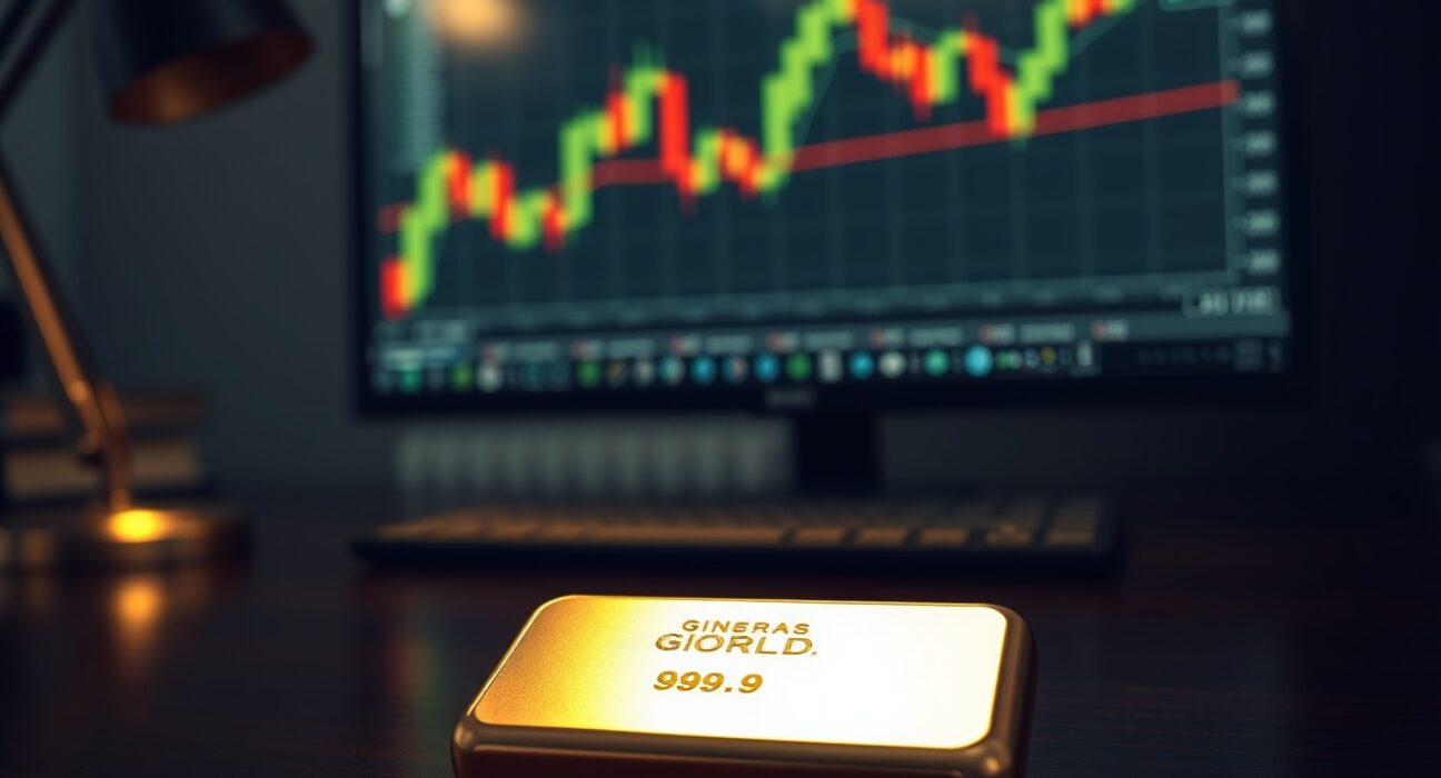 Gold bar on desk with blurred trading chart in background, representing stalled recovery ahead of FOMC minutes.