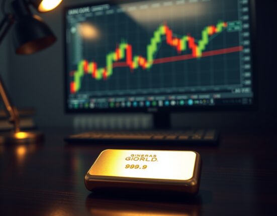 Gold bar on desk with blurred trading chart in background, representing stalled recovery ahead of FOMC minutes.