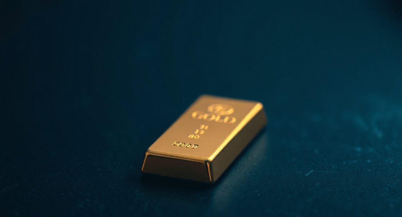 Close-up of a polished gold bar on a dark surface with soft, cool lighting