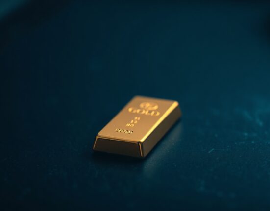 Close-up of a polished gold bar on a dark surface with soft, cool lighting