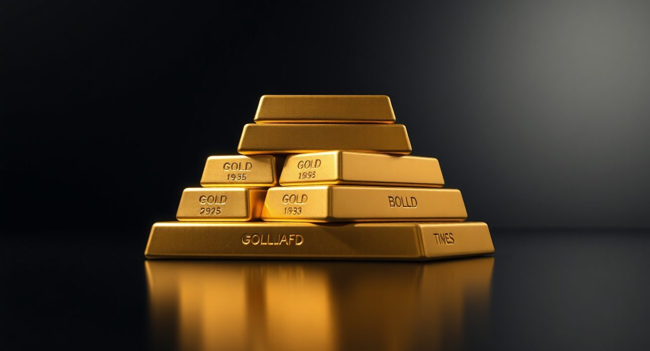 Stack of gold bullion bars on reflective surface with dramatic lighting