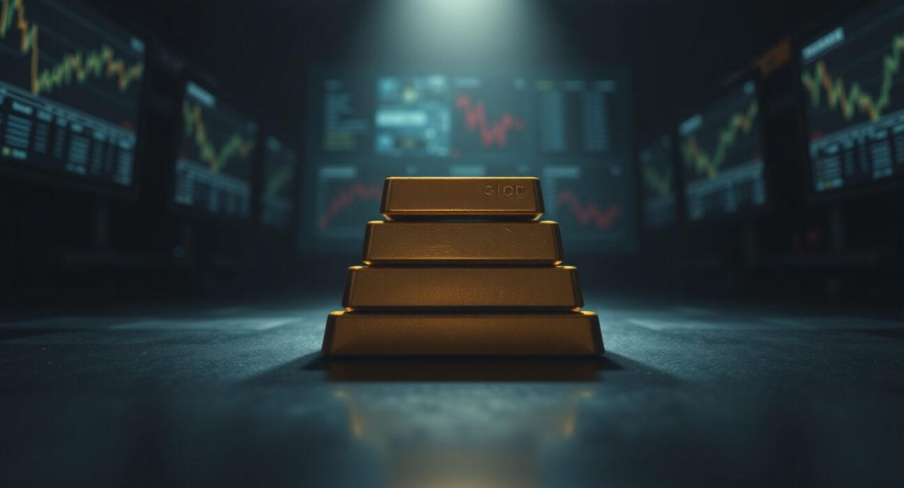 Gold bars on a reflective surface with a blurred trading floor background