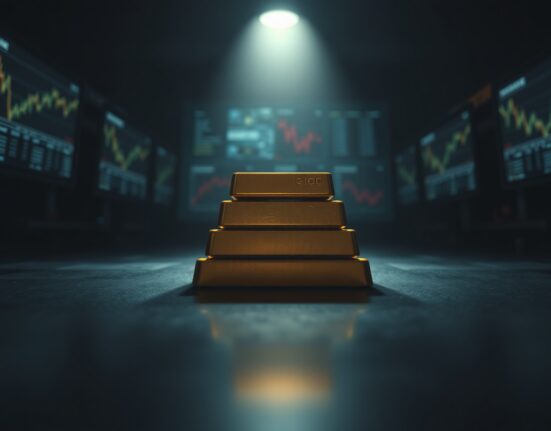 Gold bars on a reflective surface with a blurred trading floor background