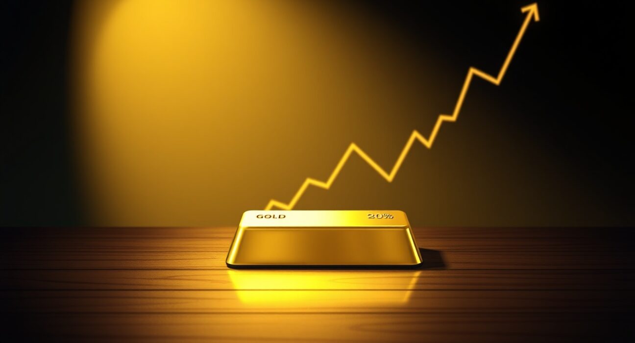 Gold bullion bar on dark surface with faint price chart background, illustrating gold steadies around $4,600 level ahead of Fed decision.