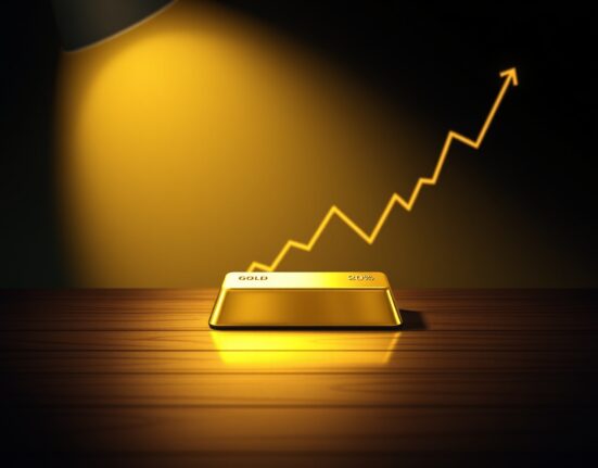 Gold bullion bar on dark surface with faint price chart background, illustrating gold steadies around $4,600 level ahead of Fed decision.