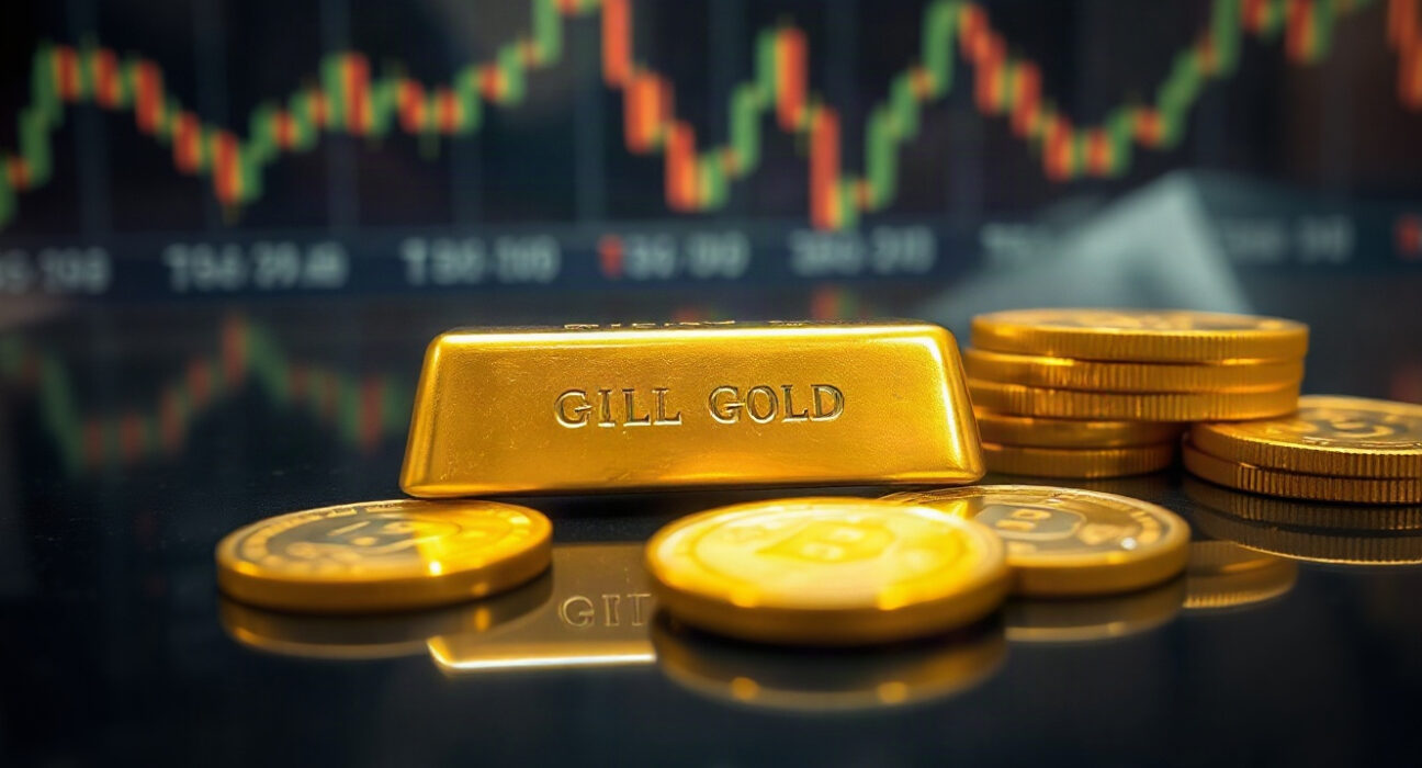 Gold bars and coins on a dark surface with a financial chart in the background, symbolizing market analysis.