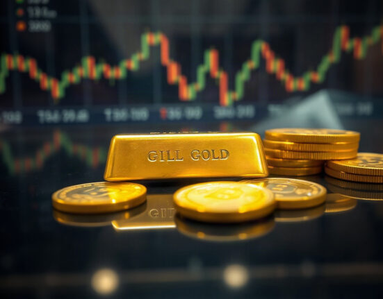 Gold bars and coins on a dark surface with a financial chart in the background, symbolizing market analysis.