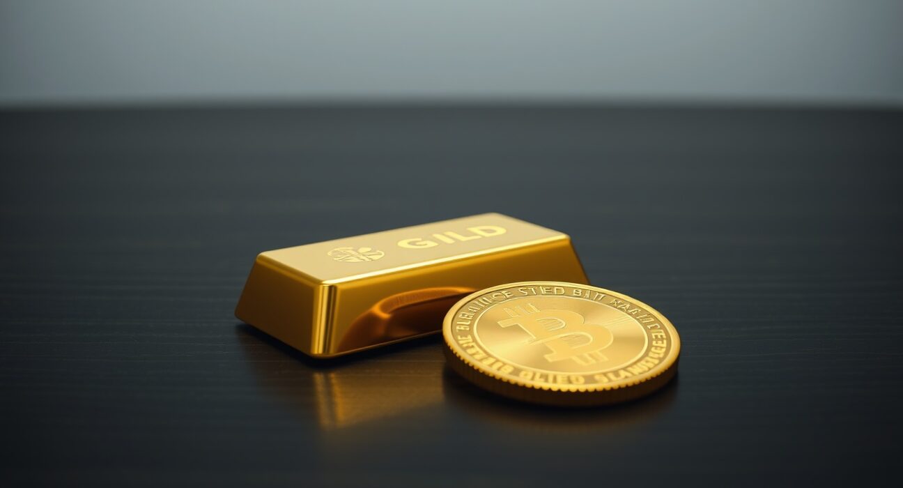 Close-up of a gold bar and coin on a dark surface representing precious metals market