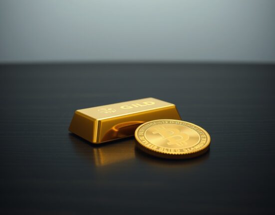 Close-up of a gold bar and coin on a dark surface representing precious metals market