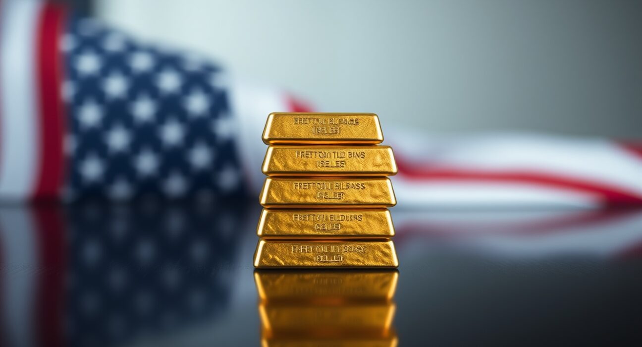 Stacked gold bars with soft lighting and American flag bokeh in background.