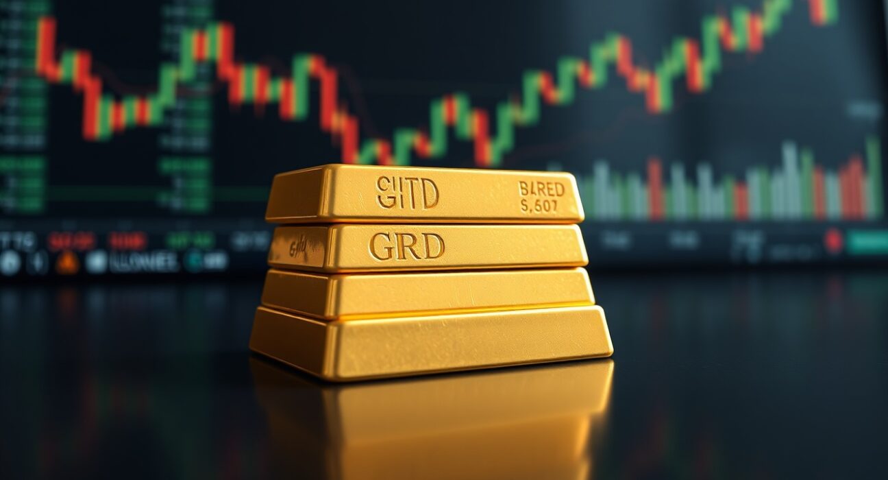 Stacked gold bullion bars on a dark reflective surface with a blurred financial monitor background.