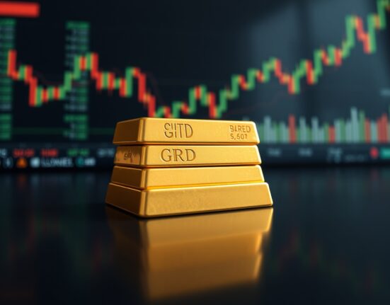 Stacked gold bullion bars on a dark reflective surface with a blurred financial monitor background.