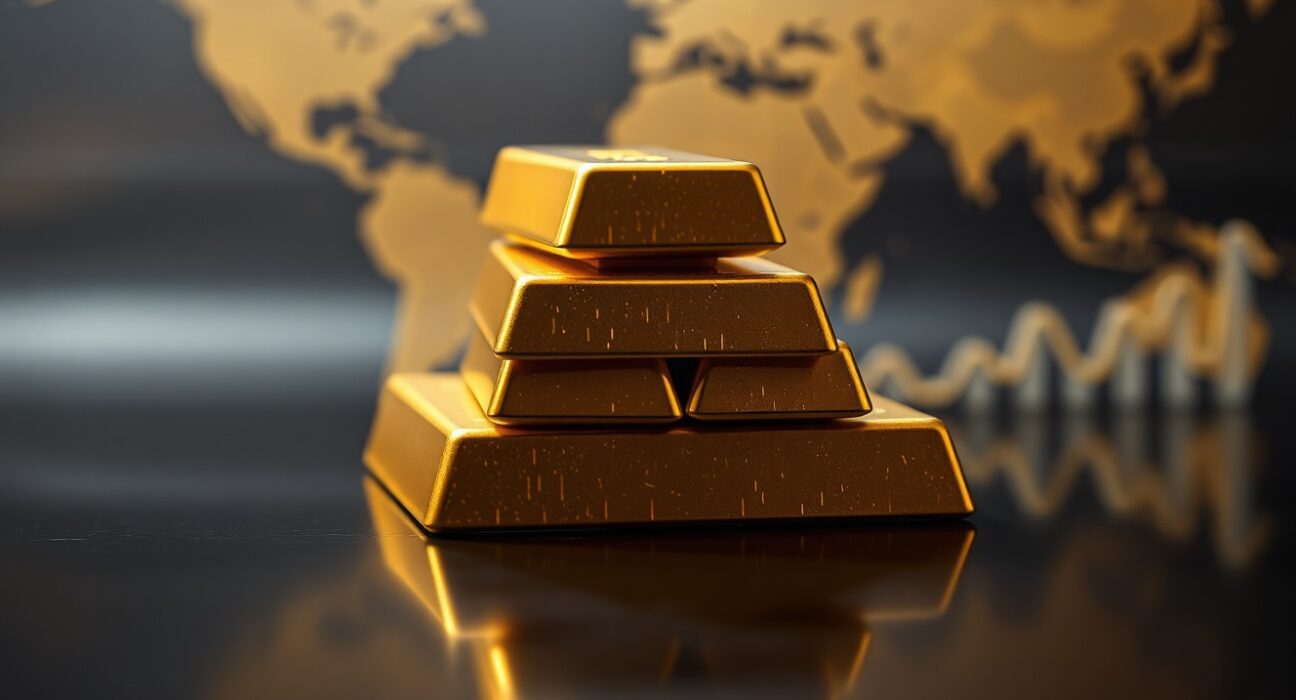 Gold bullion bars reflecting light, symbolizing steady prices amid Fed and geopolitical uncertainty