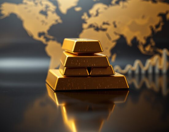 Gold bullion bars reflecting light, symbolizing steady prices amid Fed and geopolitical uncertainty