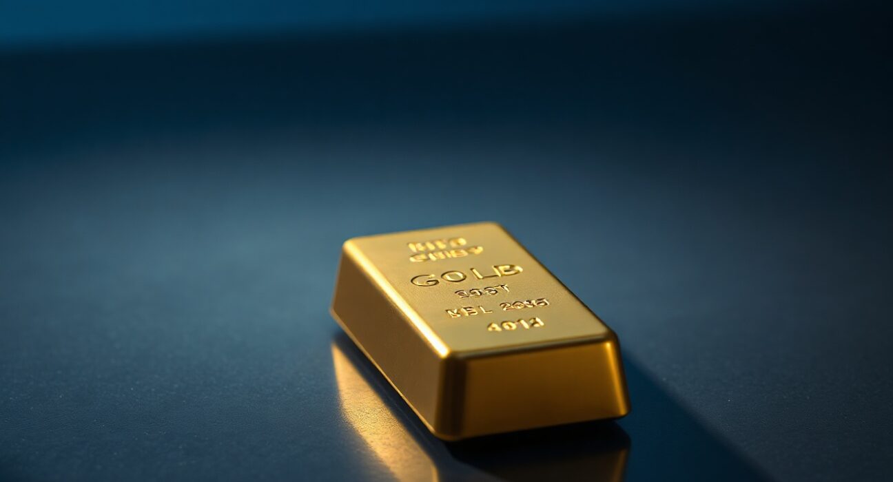 Gold bar on dark surface, representing precious metals market under Federal Reserve pressure.