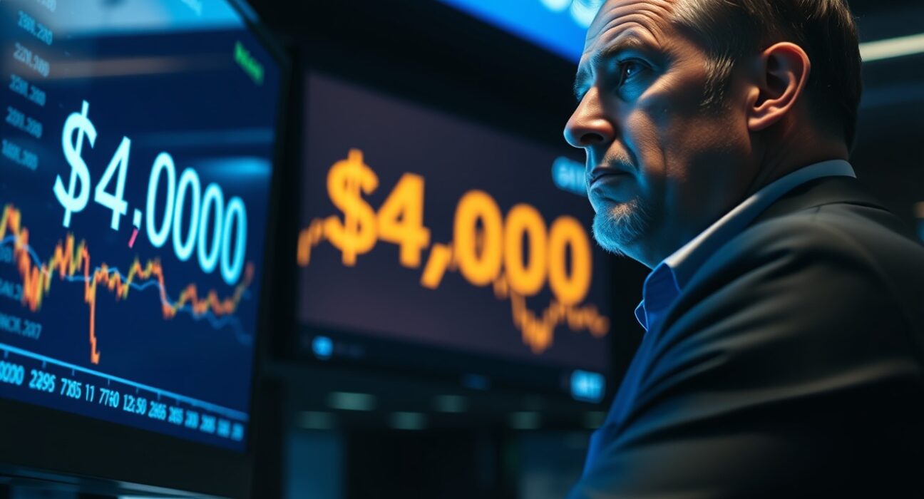 Trader watching gold price chart near $4,000 on a trading floor screen