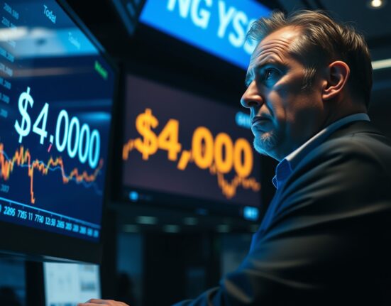 Trader watching gold price chart near $4,000 on a trading floor screen