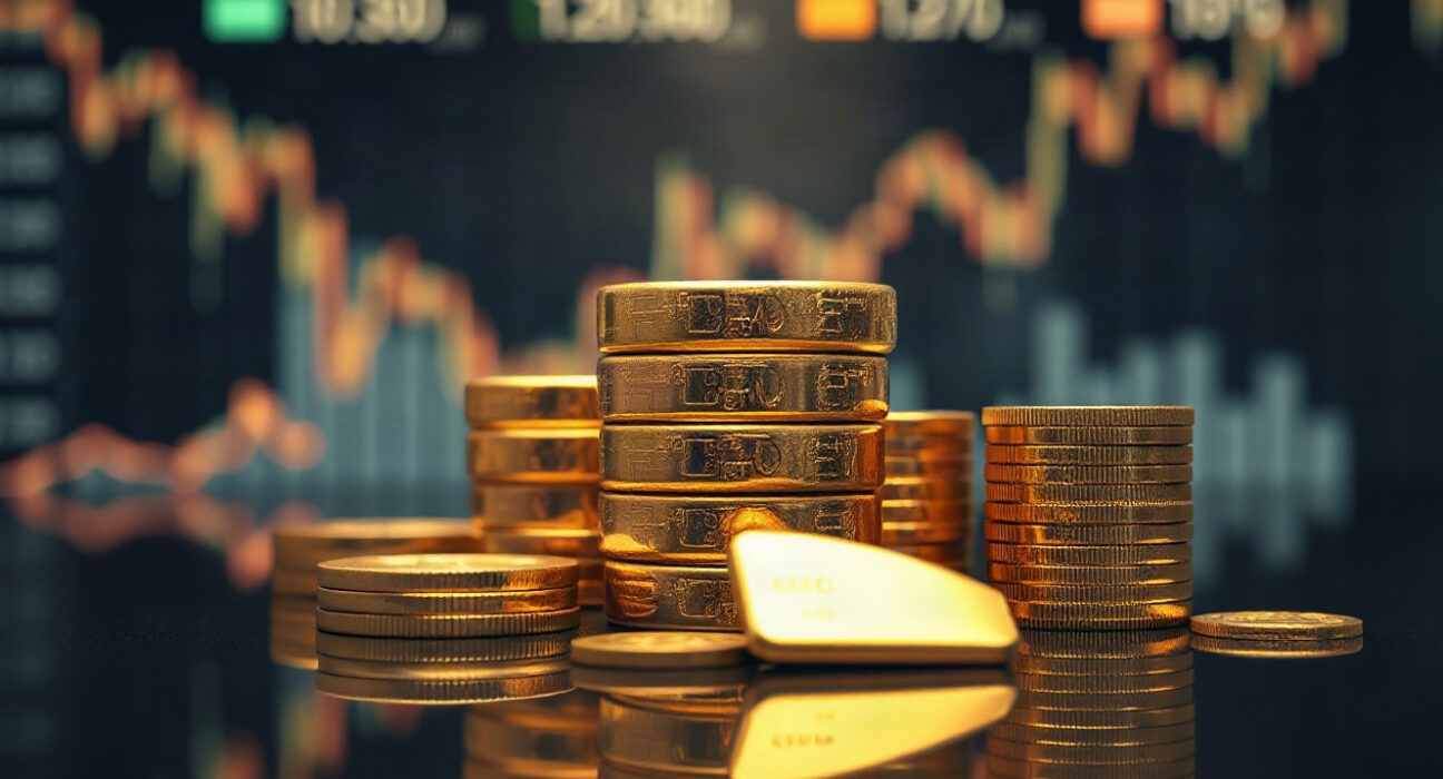 Gold bars and coins on a reflective surface with a financial chart in the background