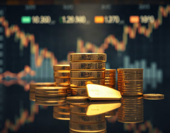 Gold bars and coins on a reflective surface with a financial chart in the background
