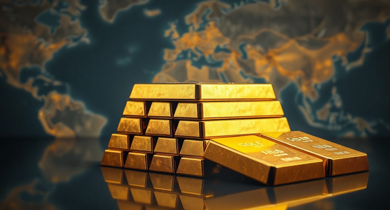Gold bullion bars stacked on a reflective surface with a blurred geopolitical map background