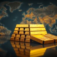 Gold bullion bars stacked on a reflective surface with a blurred geopolitical map background