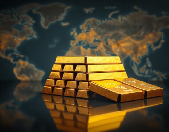 Gold bullion bars stacked on a reflective surface with a blurred geopolitical map background