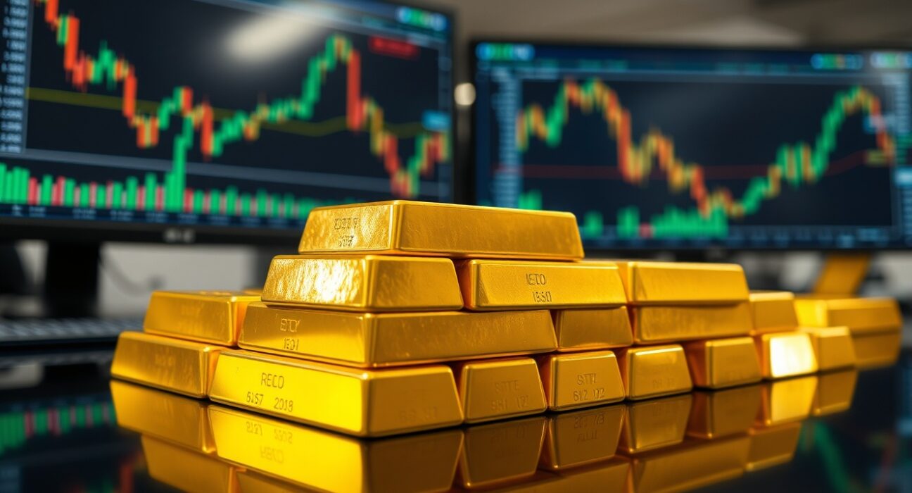 Stacked gold bars with blurred financial charts in background