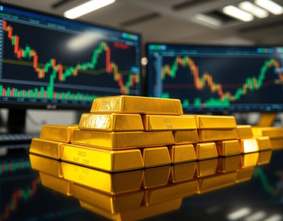 Stacked gold bars with blurred financial charts in background
