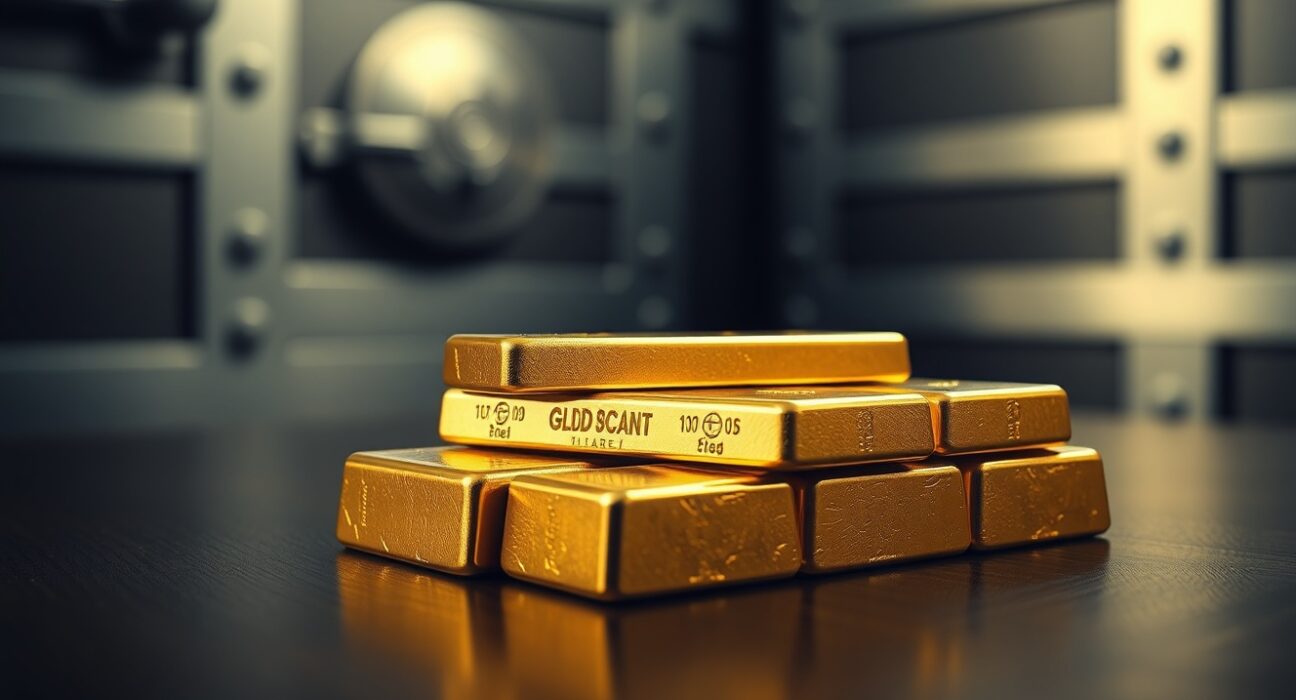Close-up of gold bars on a dark surface with soft lighting, representing precious metal market stability.