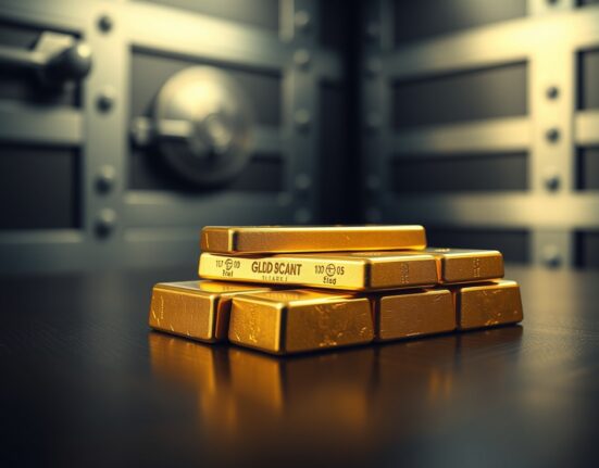 Close-up of gold bars on a dark surface with soft lighting, representing precious metal market stability.