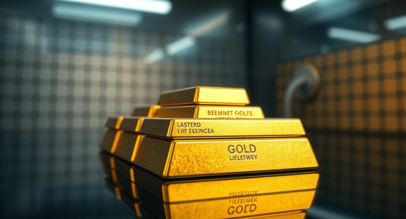 Gold bars stacked on a reflective surface, representing the precious metal's market performance.