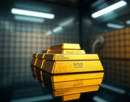 Gold bars stacked on a reflective surface, representing the precious metal's market performance.