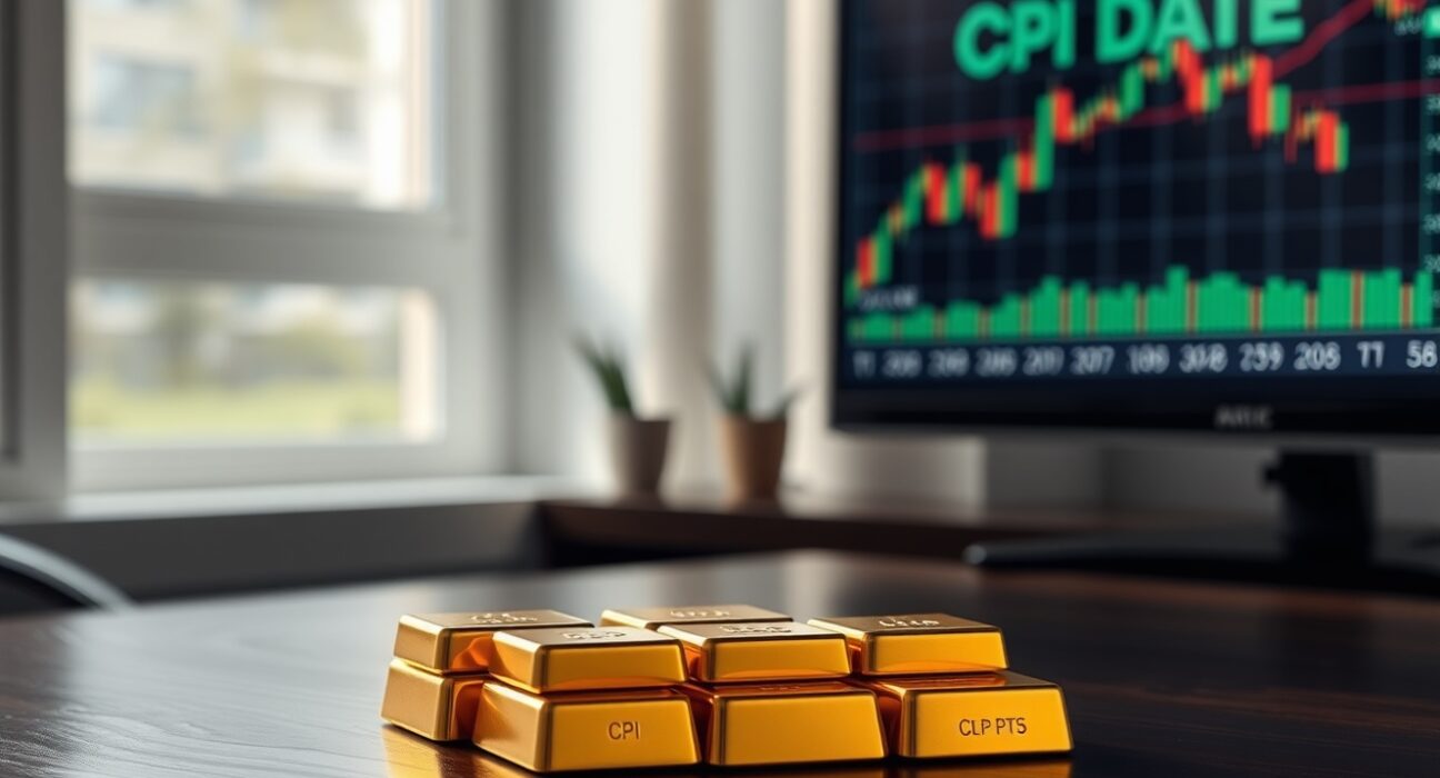 Gold bars stacked on a dark surface with a financial monitor showing CPI data in the background.