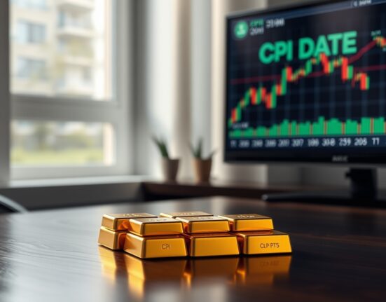 Gold bars stacked on a dark surface with a financial monitor showing CPI data in the background.