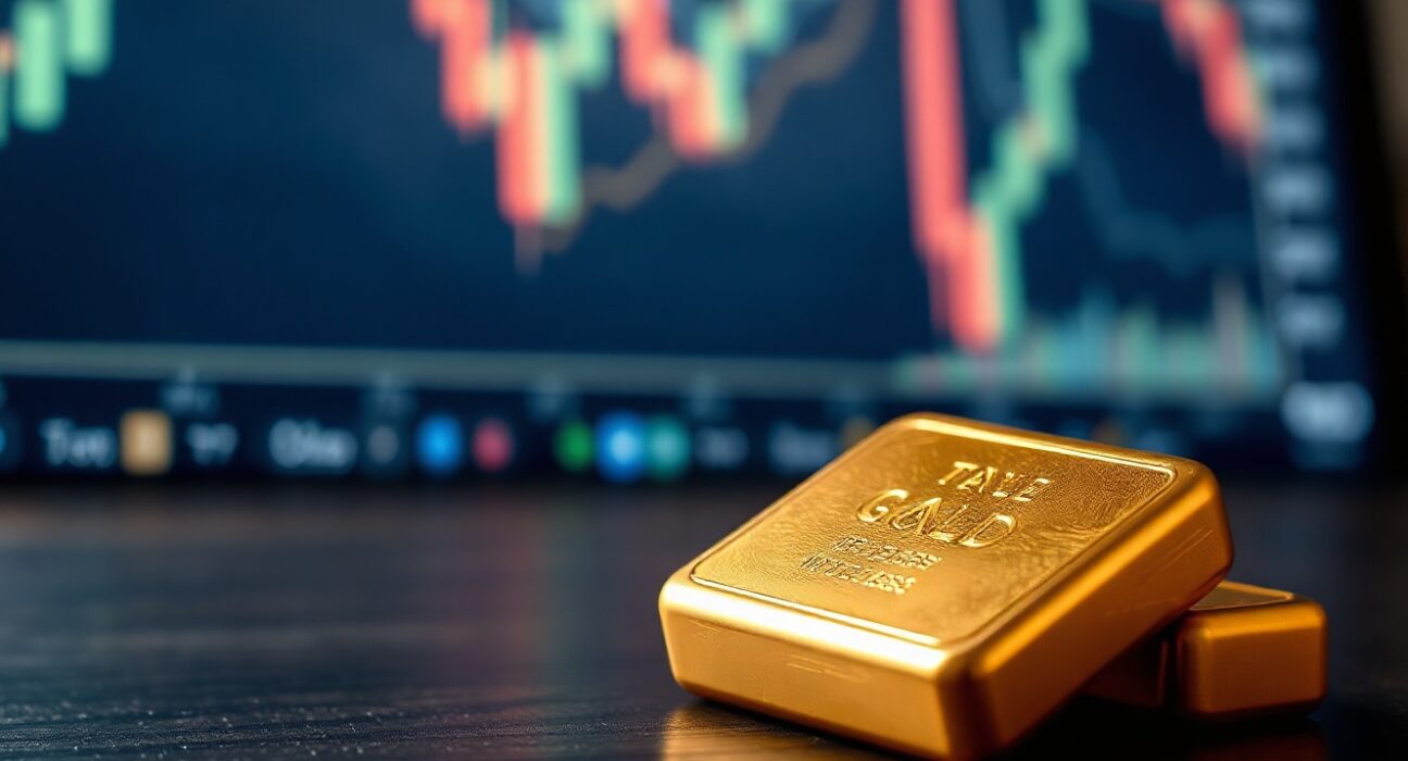 Gold bar resting on a dark surface with a faint financial chart in the background