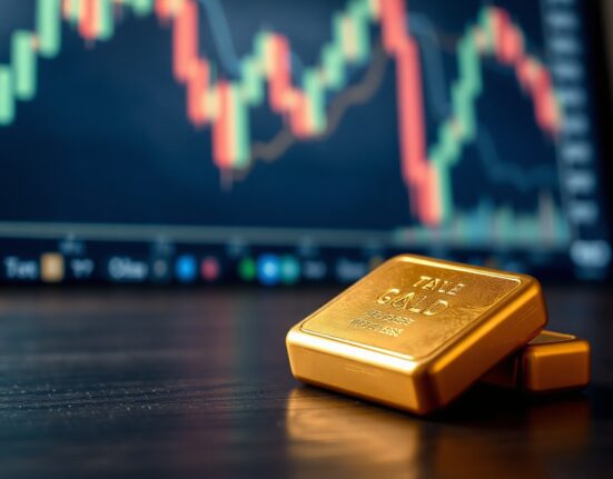 Gold bar resting on a dark surface with a faint financial chart in the background