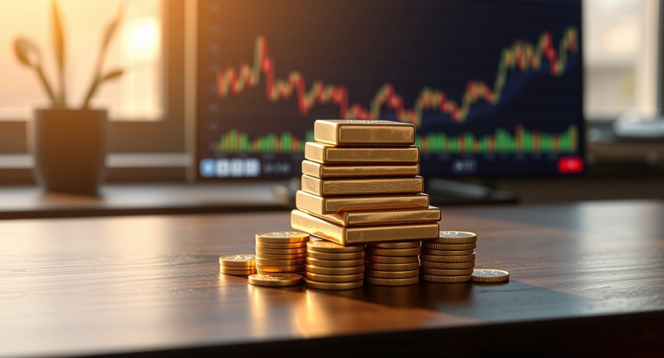 Gold bars and coins on a wooden table with a financial chart in the background