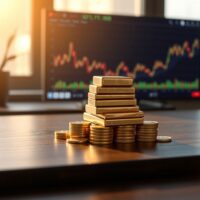 Gold bars and coins on a wooden table with a financial chart in the background