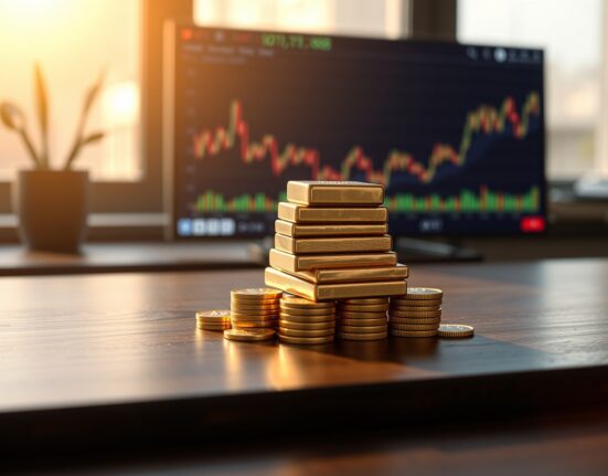 Gold bars and coins on a wooden table with a financial chart in the background