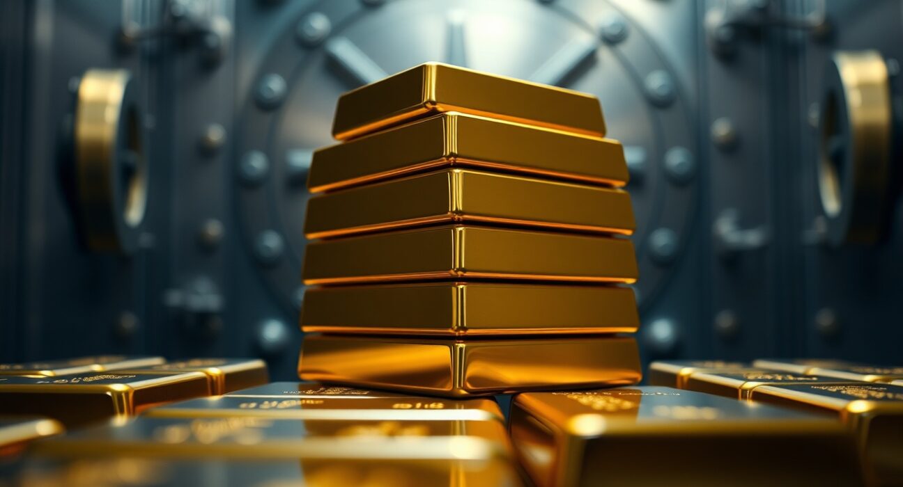 Stack of gold bullion bars in a secure vault with soft lighting