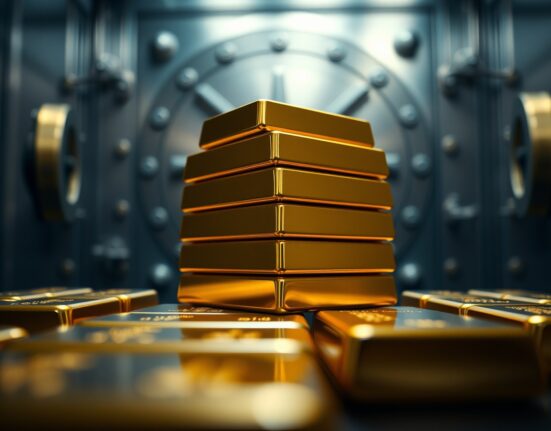 Stack of gold bullion bars in a secure vault with soft lighting