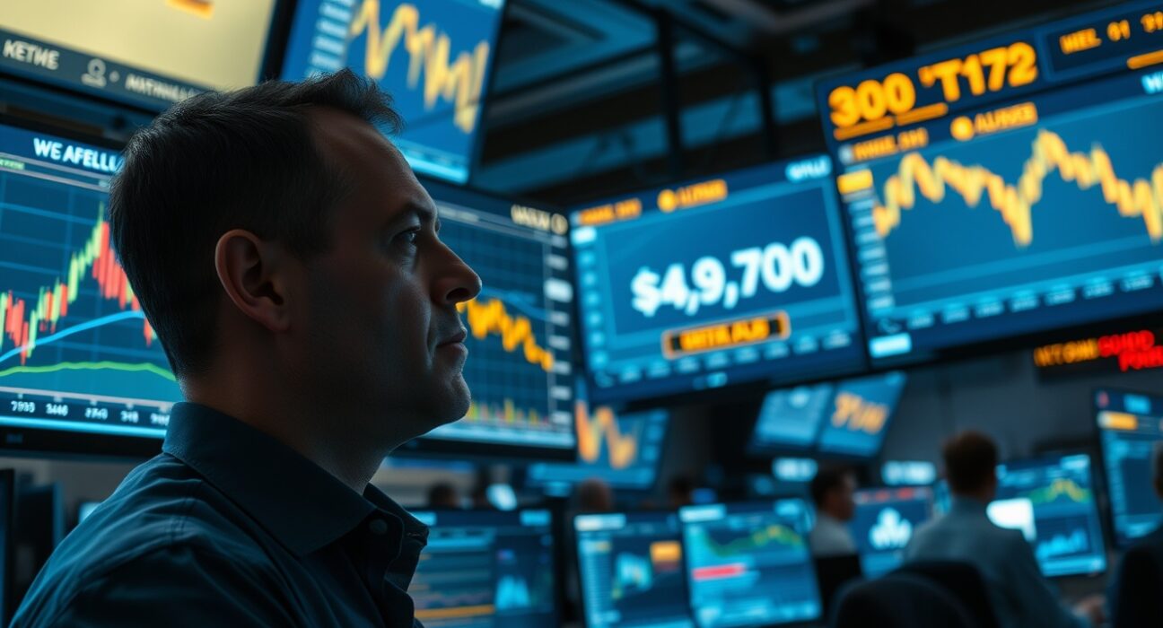 Trader watching gold price charts on multiple monitors in a trading floor