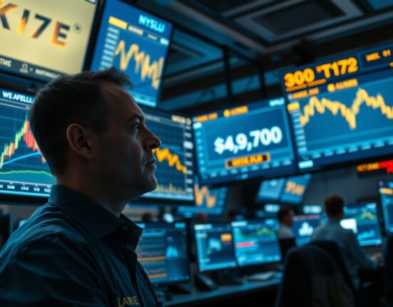 Trader watching gold price charts on multiple monitors in a trading floor