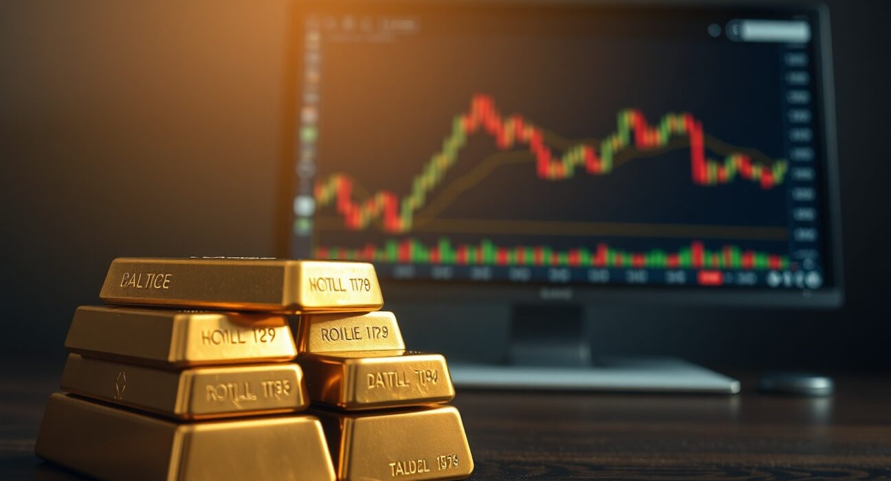 Gold bars stacked on a table with a financial chart monitor in the background, representing market uncertainty.