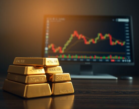 Gold bars stacked on a table with a financial chart monitor in the background, representing market uncertainty.