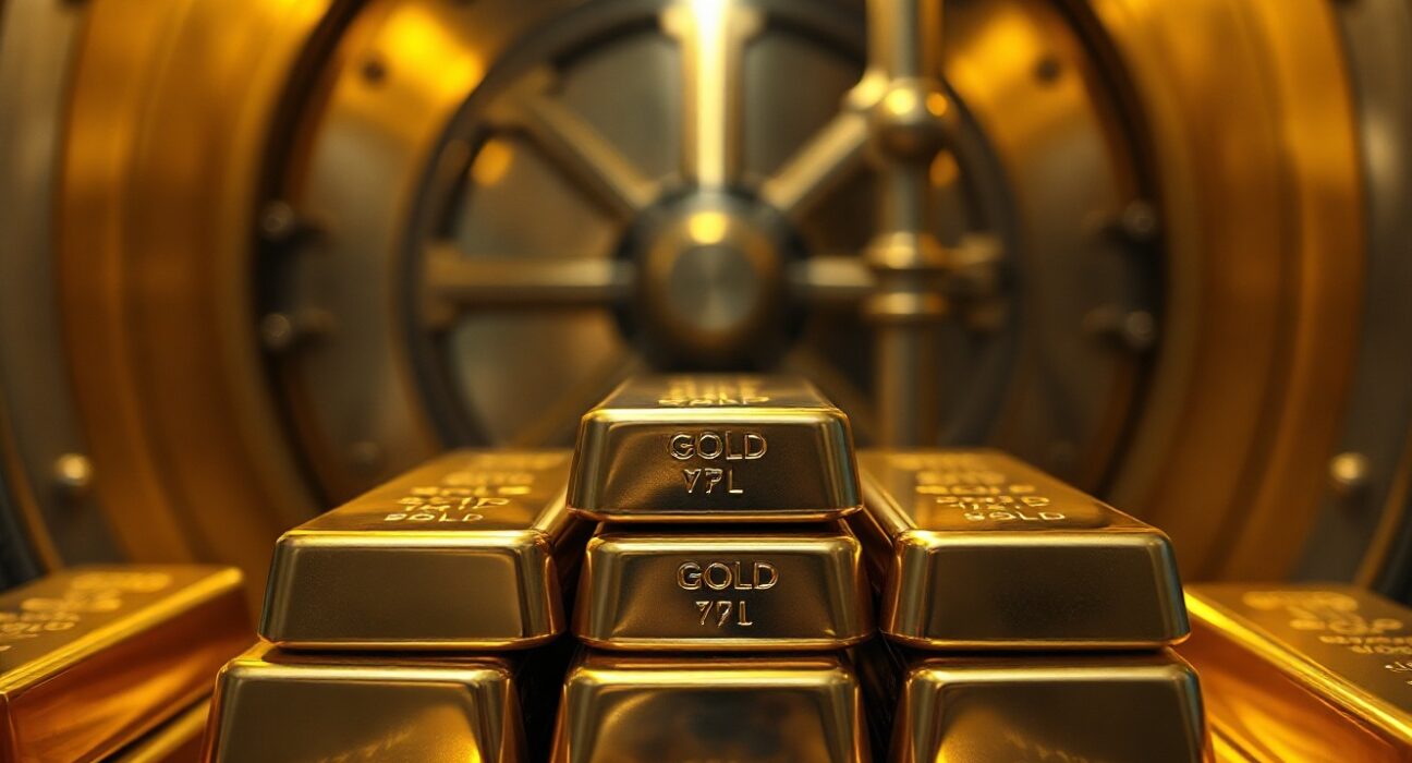 Stacked gold bars in a bank vault with soft lighting, representing steady gold prices.
